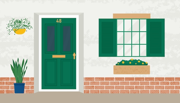 front wooden door and window home old exterior in with flowers in pots vector illustration