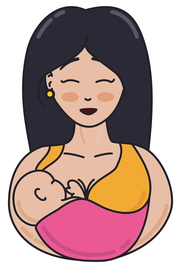 Vector frontal view of joyous mom breastfeeding her baby with love and care in flat style and isolated