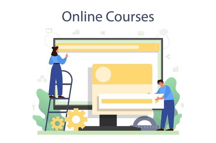 Vector frontend developer online service or platform. website interface design improvement. programming and coding. online course.