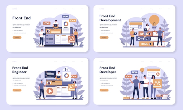 frontend development web landing page set. website interface design improvement. programming and coding. it profession. isolated flat vector illustration