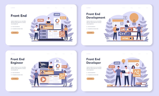 Frontend development web landing page set. website interface design improvement. programming and coding. it profession. isolated flat vector illustration