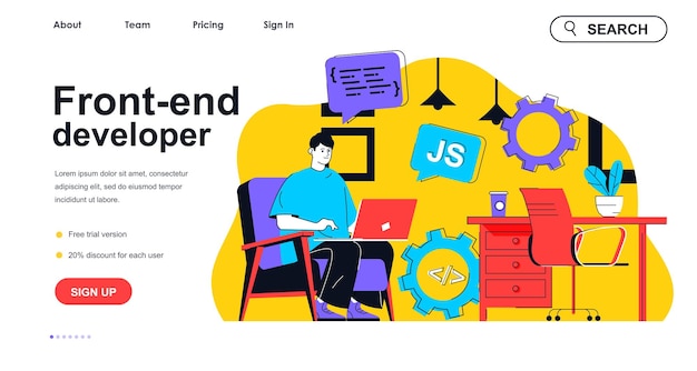 Frontend ontwikkelaar concept voor bestemmingspagina sjabloon Man maakt webpagina en programmering Ontwikkeling gebruikersinterface mensenscène Vectorillustratie met plat karakterontwerp voor webbanner