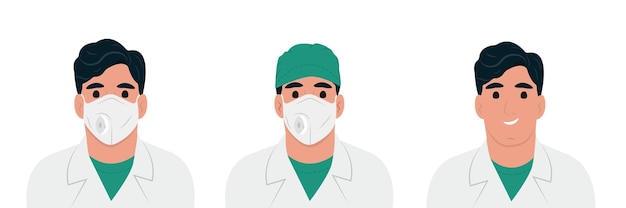 Frontline heroes illustration of doctor Male doctors in lab coat mask and hat Flat style vector