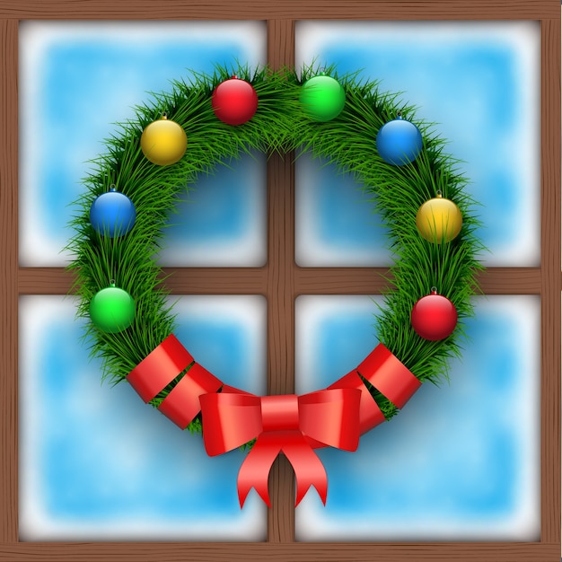 Frosted window with Christmas wreath. Merry Christmas Holiday card. Square wooden window.  