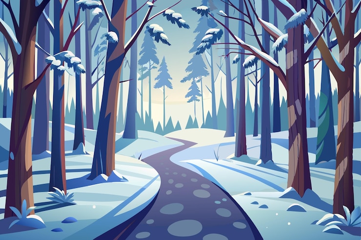Vector frosty forest path winter illustration snowcovered trees amp peaceful woodland trail