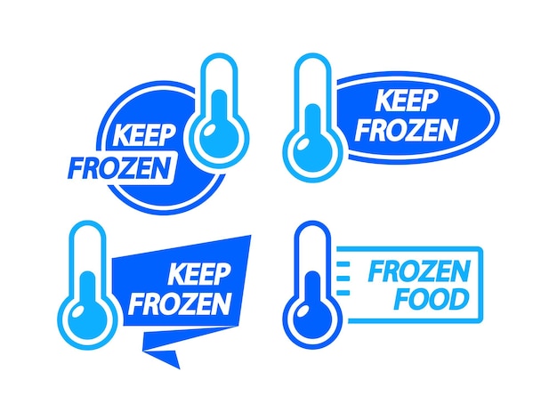 ベクトル 冷ややかな製品ベクトル ラベルは、包装用の冷凍食品のロゴ ステッカーまたは温度計のアイコンと冷蔵庫と冷凍庫での保管のための明確な指示を備えたタグを特徴とします。