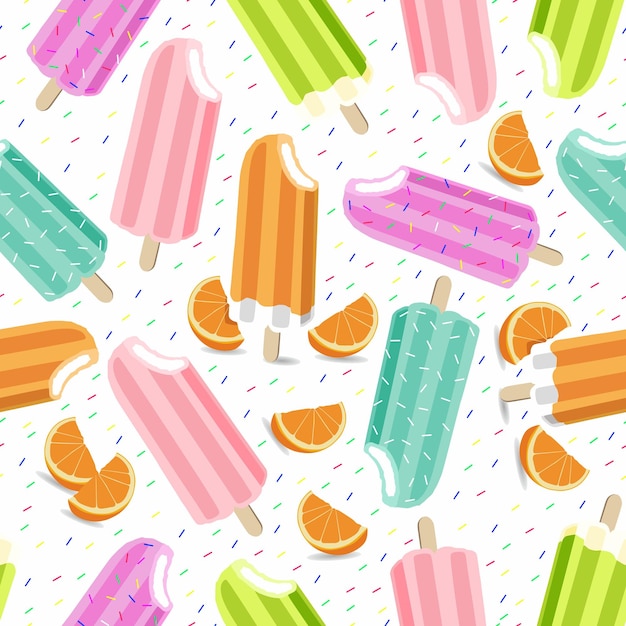 Frozen colorful ice cream icons vector illustration with orange slices and popsicles Seamless pattern White background