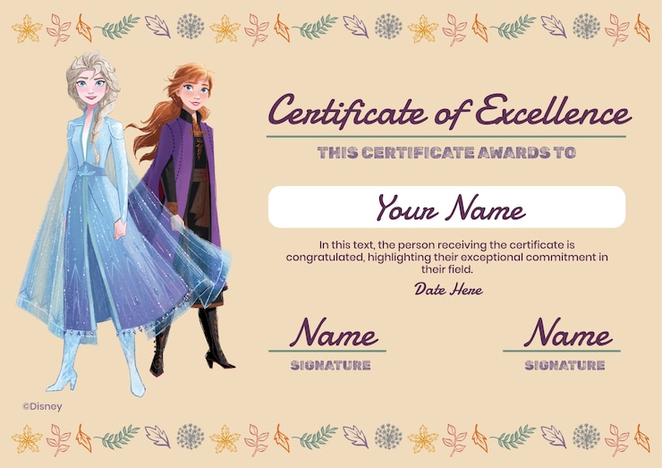 Vector frozen elsa and anna's autumn adventure certificate