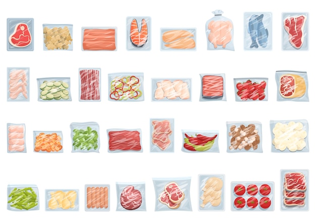 Vector frozen food icons set cartoon vector chicken bag