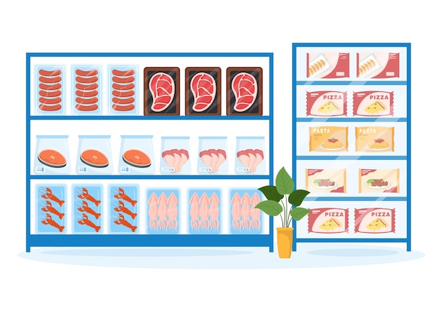 Vector frozen food store with products vacuumed using foil and pouch packaging to be fresh in illustration