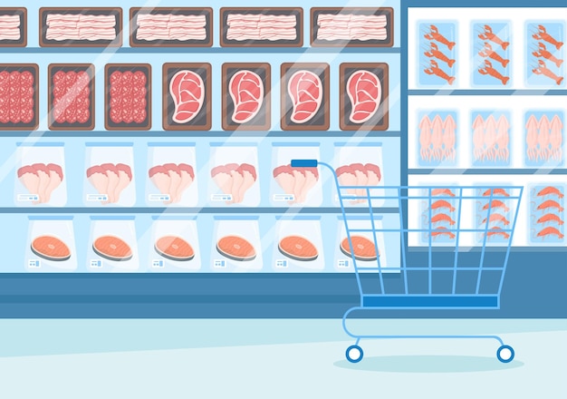 Frozen food store with products vacuumed using foil and pouch packaging to be fresh in illustration
