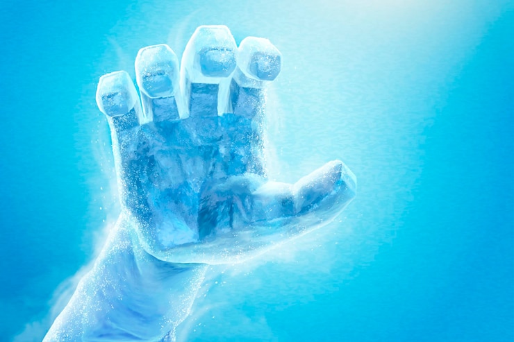 Vector frozen hand in 3d illustration on blue, ice sculpture effect