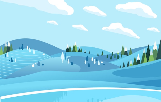 雪の平らなイラストで覆われた冬の凍った湖と木々の丘。バナー、ランディングページなどに使用されます