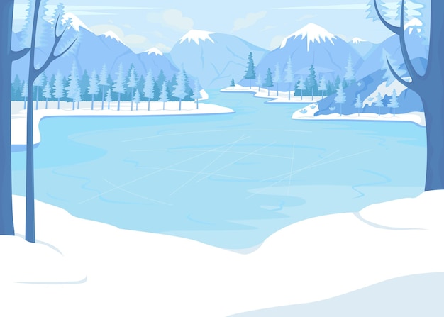 Vector frozen lake for skating surrounded by mountains flat color vector illustration