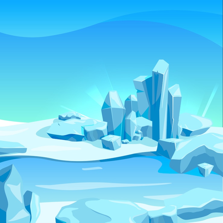 Vector frozen landscape with ice rocks. cartoon background vector illustration