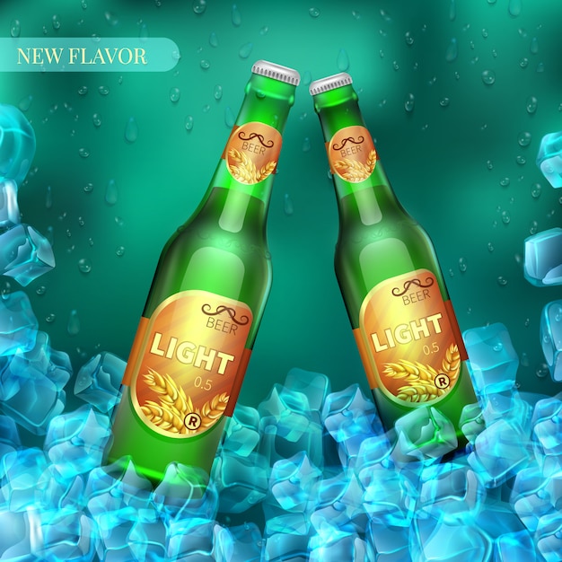 Frozen light beer bottles with ice cubes. product vector retail. illustration of beer in cold ice