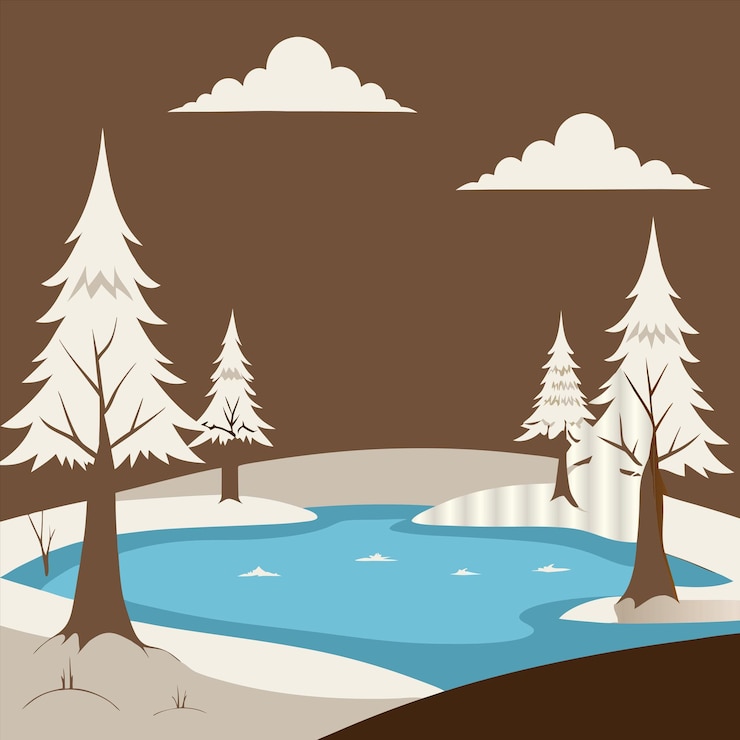 Vector a frozen pond with trees and snow on the ground