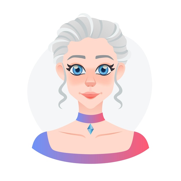 Vector frozen queen cartoon avatar game character young white haired beautiful woman portrait big blue anime eyes vector
