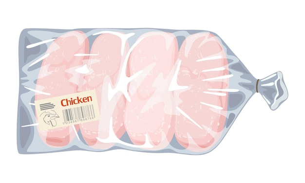Вектор Замороженные сырые куриные грудки без кожи и костей в прозрачном пластиковом пакете.