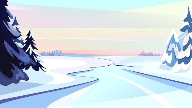 Vector frozen river at dawn. beautiful winter scenery.