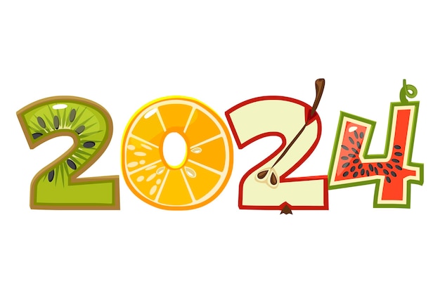 Fruit 2024 voor kalenderontwerp Cartoon 2025 van fruitnummers Zomerseizoen