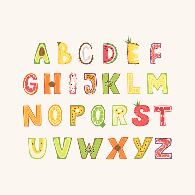 Fruit alphabet - lettering design. capital typography set in scandinavian style. vector illustration.