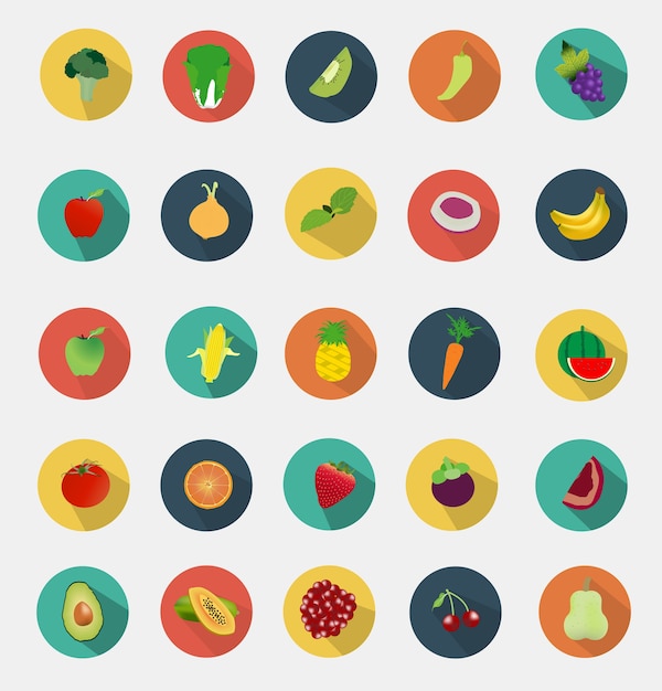 Иконки фруктов и овощей плоский дизайн
