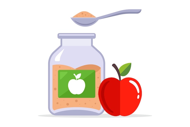 Fruit appelmoes in een glazen pot. lepel met babyvoeding. platte vectorillustratie.