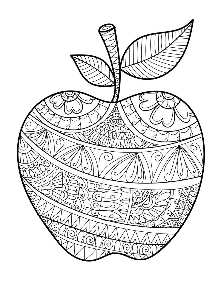 Vector fruit apple coloring book page with henna style