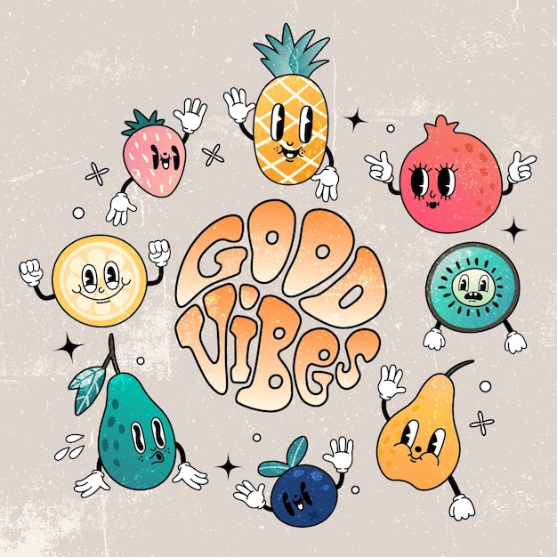 Vector fruit avatar good vibes groovy doodle element vector set