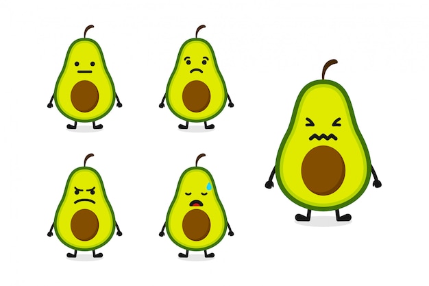 Illustrazione del carattere dell'avocado della frutta messa per l'espressione triste