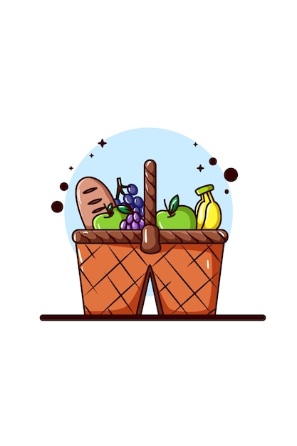 A fruit basket and bread for picnic illustration