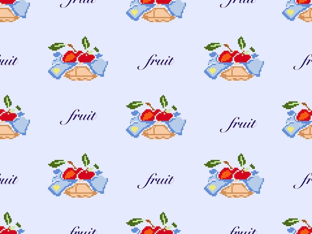 Корзина с фруктами мультипликационный персонаж бесшовный узор на синем фонеПиксельный стиль