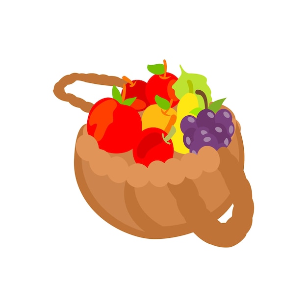 Vector fruit basket in a cartoon style apples oranges bananas pears and blueberries vector illustration in a flat style