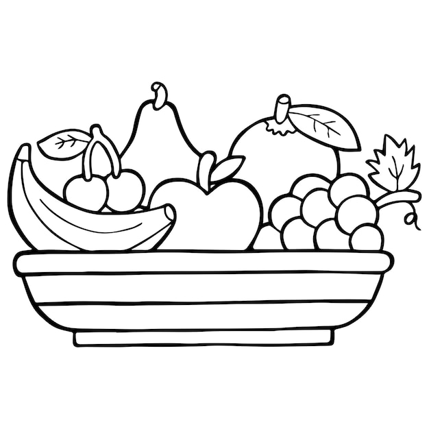 Страница раскраски фруктовой корзины для детей, векторная иллюстрация EPS и изображение