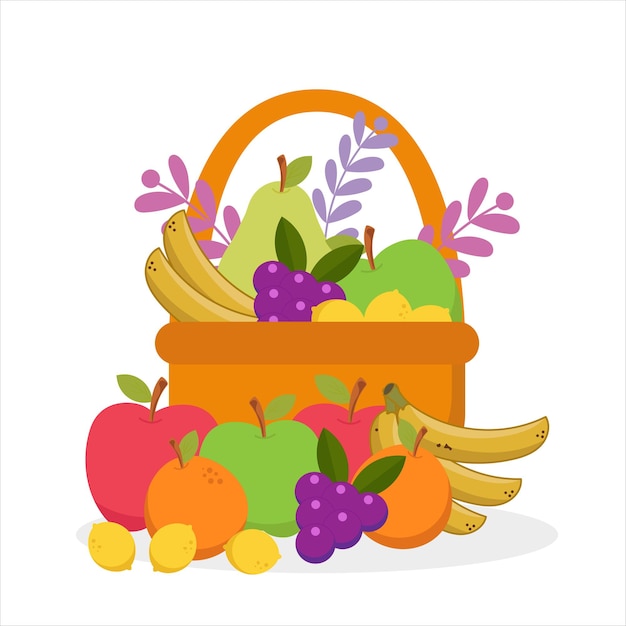 Векторная иллюстрация корзины с фруктами на белом фоне милый плоский рисунок