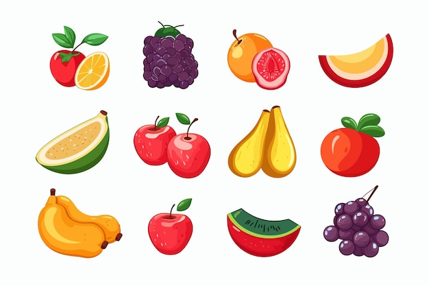 Fruit and berries icons strawberry plum orange apple banana and watermelon isolated on white background vector cartoon illustration