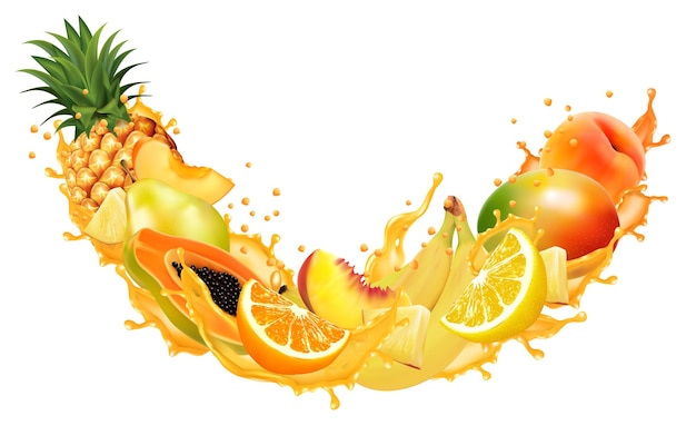 주스 스플래시 프레임에 과일과 열매 오렌지 파인애플 망고 복숭아 파파야 바나나 배 벡터