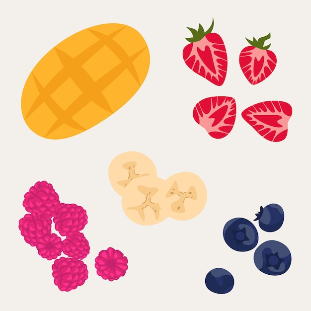 Fruit and berries set. Berries and fruits for lunch, breakfast. Mango, raspberries, strawberries, blueberries, bananas. top view vector illustration