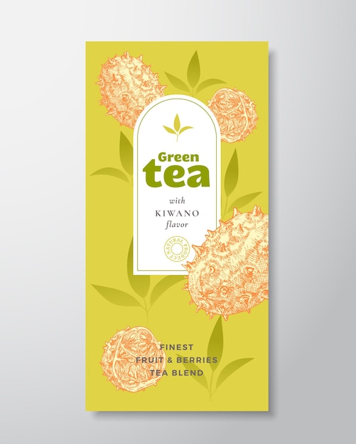 Fruit and Berries Tea Label Template Abstract Vector Packaging Design Layout with Realistic Shadows Hand Drawn Kiwano Fruit and Tea Leaves Decor Silhouettes Background Isolated