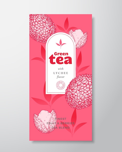 Fruit and Berries Tea Label Template Abstract Vector Packaging Design Layout with Realistic Shadows Hand Drawn Lychee Fruit and Tea Leaves Decor Silhouettes Background Isolated