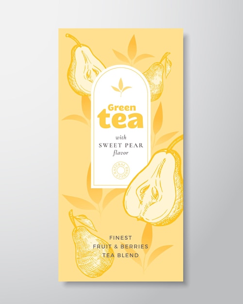 Fruit and Berries Tea Label Template. Abstract Vector Packaging Design Layout with Realistic Shadows. Hand Drawn Pear with Half and Leaves Decor Silhouettes Background. Isolated.
