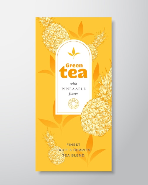 Fruit and Berries Tea Label Template Abstract Vector Packaging Design Layout with Realistic Shadows Hand Drawn Pineapple and Leaves Decor Silhouettes Background Isolated