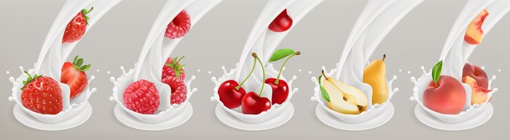 Vector fruit, berries and yogurt. realistic illustration.