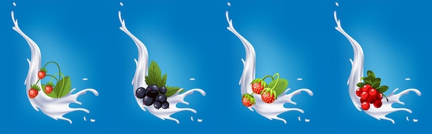 Вектор Йогурт с фруктовыми ягодами и реалистичными всплесками молока.