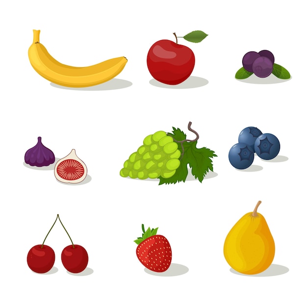 Insieme dell'icona della bacca di frutta. pera, fragola, banana, uva, mela, ciliegia cibo sano di fattoria fresca. carta di istruzione per bambini design piatto sfondo bianco illustrazione vettoriale isolato