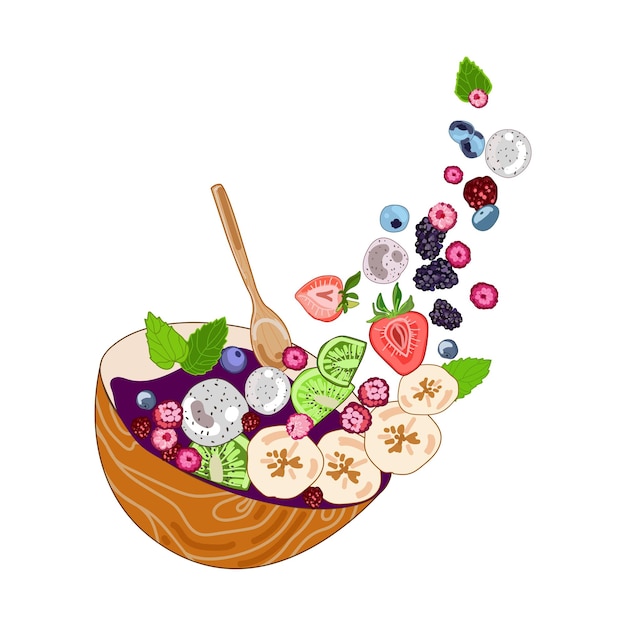 Fruit berry salad vector illustration. Ingredients flying in the air in a wooden bowl.Vegan food