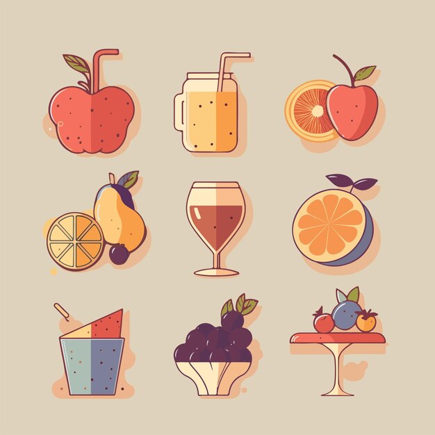 Vector fruit and beverage illustration set oranges grapes apples and strawberries