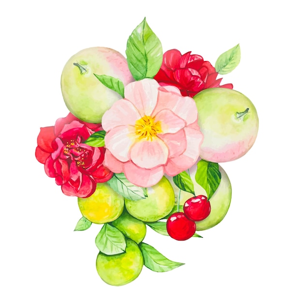 Fruit bouquet with apples oranges peaches red and pink flowers watercolor