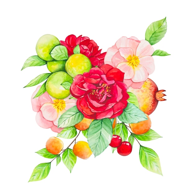 Fruit bouquet with apples oranges peaches red and pink flowers watercolor